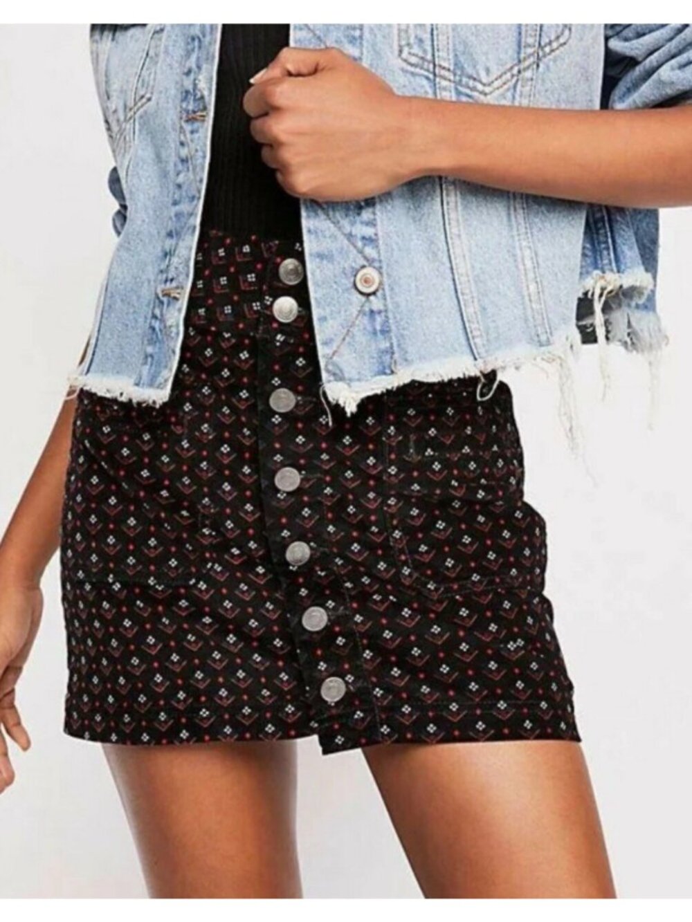 Free People We The Free Joanie Black Corduroy Floral Preppy Boho Mini Skirt M